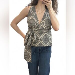 100% Silk Paisley Wrap Top with Geometric Pattern Ann Taylor